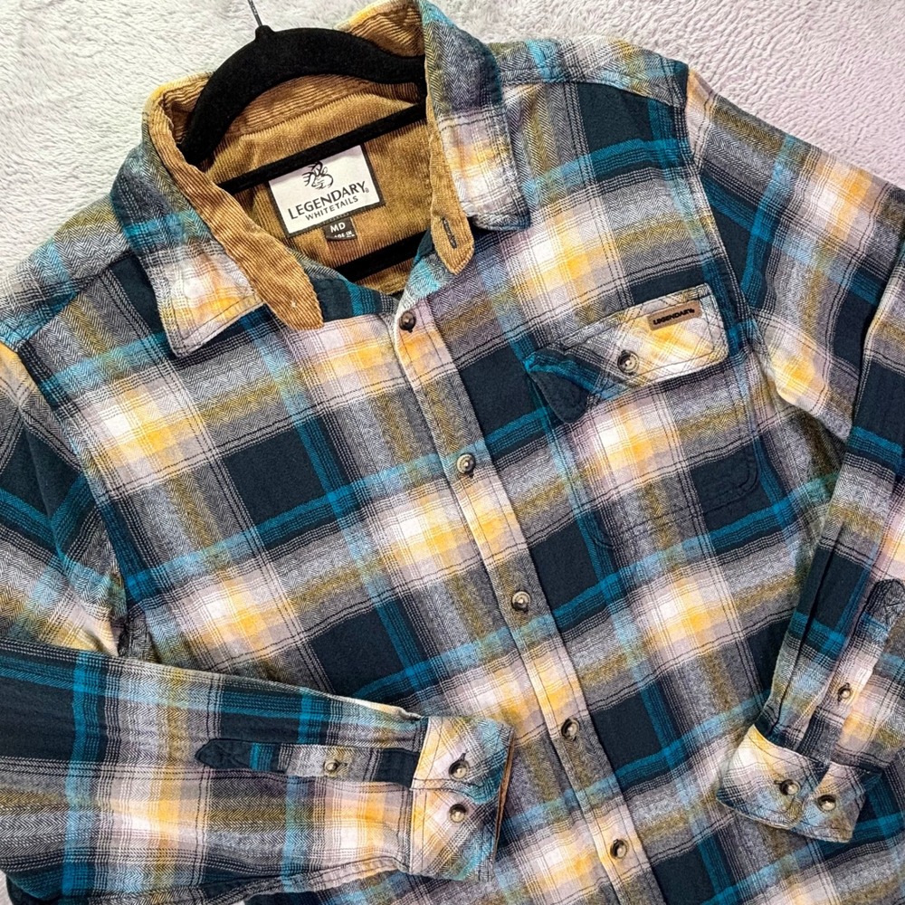 Legendary Whitetails Mens Flannel Shirt Medium Blue Yellow Plaid Corduroy Trim
